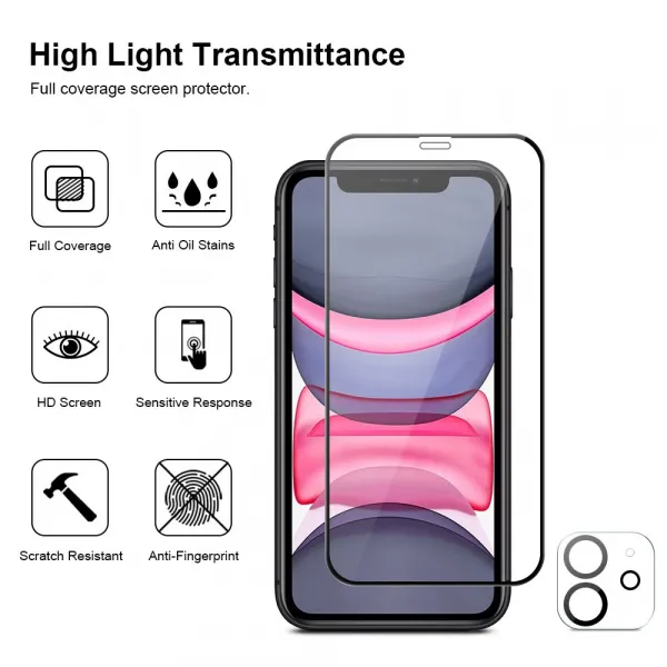 JP Full Pack Tvrdených skiel, 2x 3D sklo s aplikátorom + 2x sklo na šošovku, iPhone 11