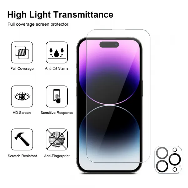 JP Mega Pack Tvrdených skiel, 3 sklá na telefón s aplikátorom + 2 sklá na šošovku, iPhone 14 Pro