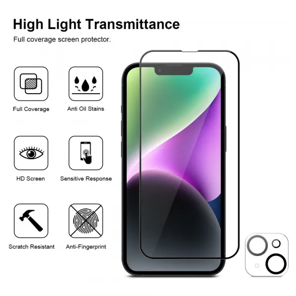 JP Full Pack Tvrdených skiel, 2x 3D sklo s aplikátorom + 2x sklo na šošovku, iPhone 14