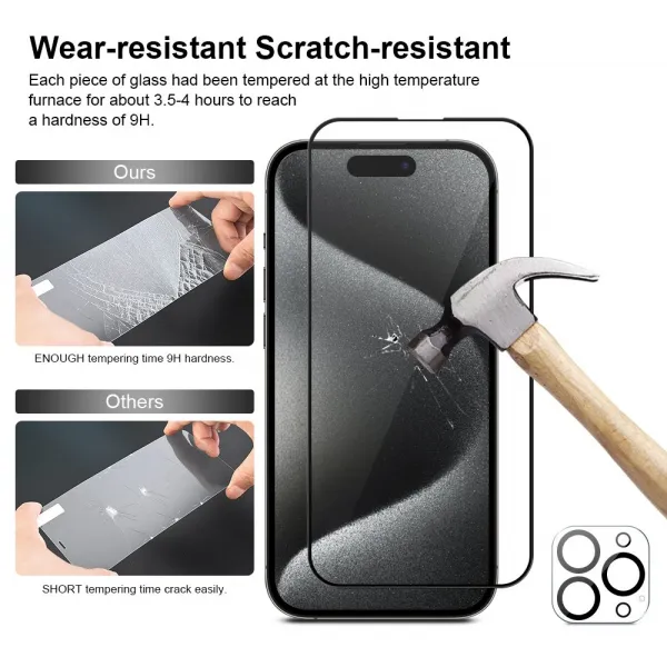 JP Full Pack Tvrdených skiel, 2x 3D sklo s aplikátorom + 2x sklo na šošovku, iPhone 15 Pro