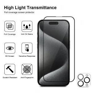 JP Full Pack Tvrdených skiel, 2x 3D sklo s aplikátorom + 2x sklo na šošovku, iPhone 15 Pro