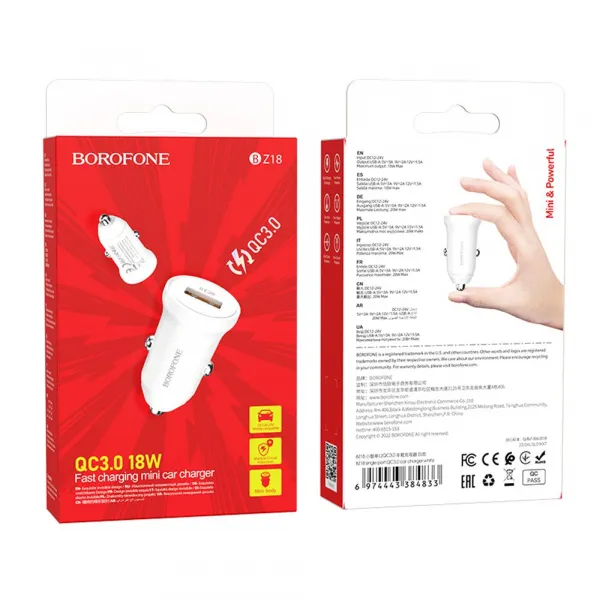 Borofone BZ18 adaptér do auta - USB - QC 3.0 18W, biely