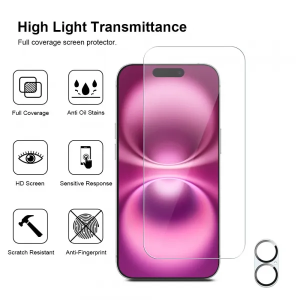 JP Mega Pack Tvrdených skiel, 3 sklá na telefón s aplikátorom + 2 sklá na šošovku, iPhone 16