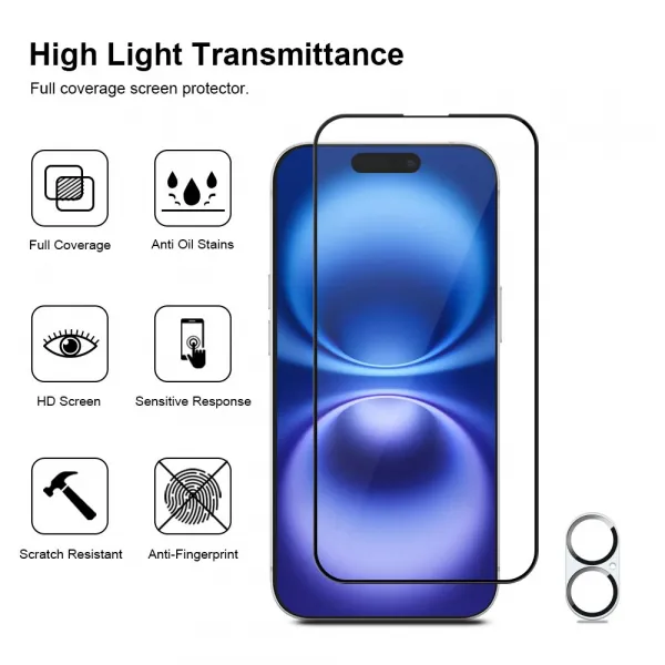 JP Full Pack Tvrdených skiel, 2x 3D sklo s aplikátorom + 2x sklo na šošovku, iPhone 16 Plus