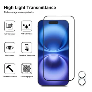 JP Full Pack Tvrdených skiel, 2x 3D sklo s aplikátorom + 2x sklo na šošovku, iPhone 16 Plus