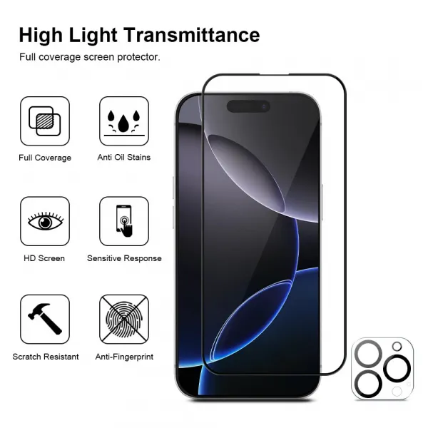 JP Full Pack Tvrdených skiel, 2x 3D sklo s aplikátorom + 2x sklo na šošovku, iPhone 16 Pro Max