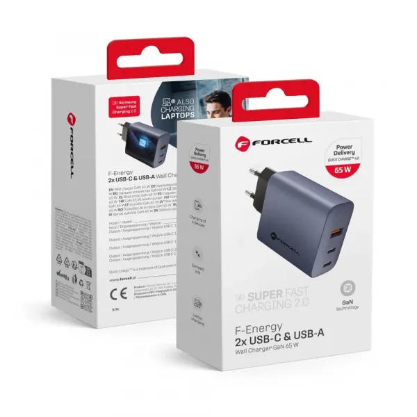Forcell F-Energy adaptér VT-42B 65W GaN 2x USB-C a USB A, sivý