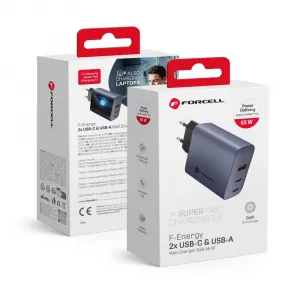 Forcell F-Energy adaptér VT-42B 65W GaN 2x USB-C a USB A, sivý