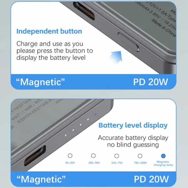 Metallic Ultraslim MagSafe bezdrôtová Powerbanka, 5000mAh, PD20W, sivá