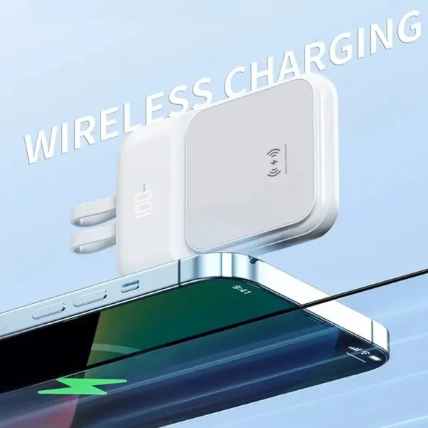 Bezdrôtová Powerbanka s 2 vstavanými káblami, 5000mAh, USB-C + Lightning, 15W, modrá