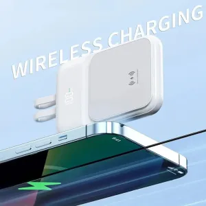 Bezdrôtová Powerbanka s 2 vstavanými káblami, 5000mAh, USB-C + Lightning, 15W, modrá