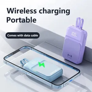 Bezdrôtová Powerbanka s 2 vstavanými káblami, 5000mAh, USB-C + Lightning, 15W, modrá