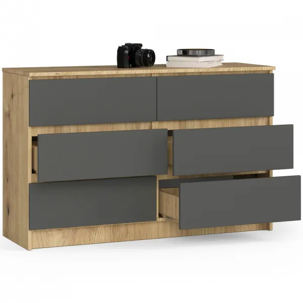 Ak furniture Komoda Kuba 120 cm 6 zásuviek dub artisan/grafit