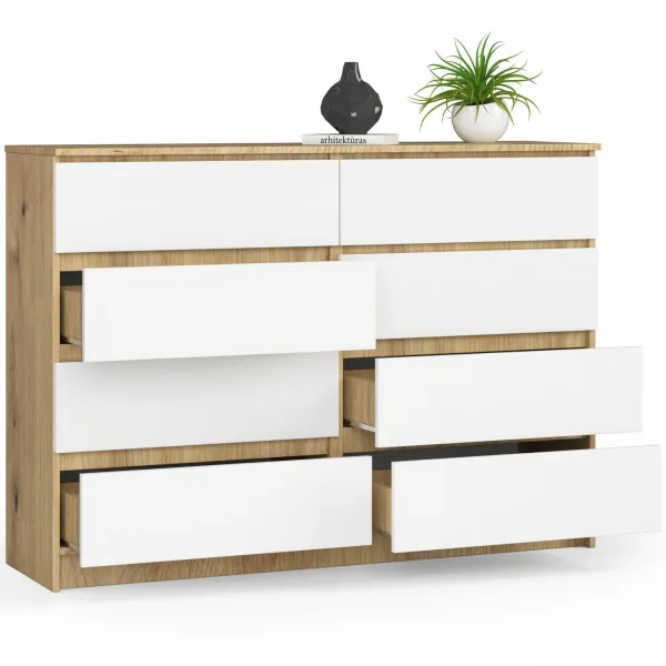 Ak furniture Komoda Kuba 140 cm 8 zásuviek dub artisan/biela