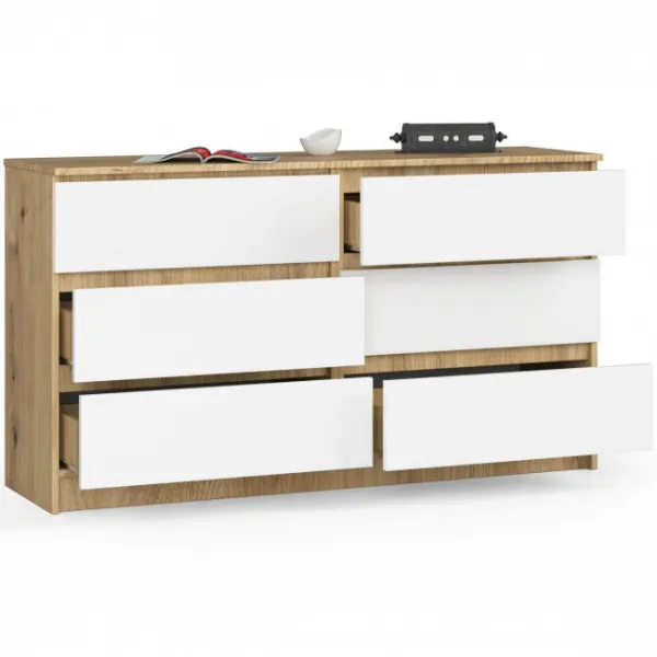 Ak furniture Komoda Kuba 140 cm 6 zásuviek dub artisan/biela