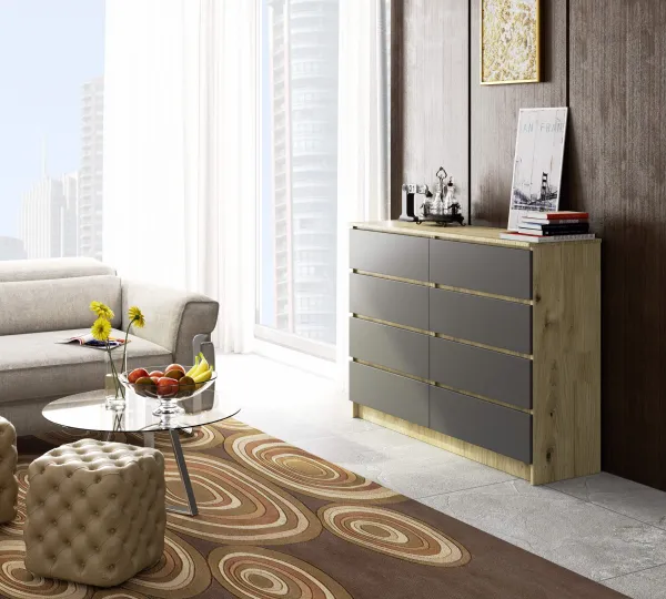 Ak furniture Komoda Kuba 140 cm 8 zásuviek dub artisan/grafit