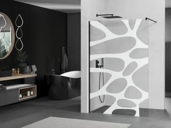 MEXEN/S - KIOTO Sprchová zástena WALK-IN 70x200 cm 8 mm, čierna, biely vzor 800-070-101-70-97