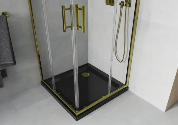 MEXEN/S - Rio sprchovací kút 70x70, transparent, zlato + vanička Flat, čierna 860-070-070-50-00-4070G