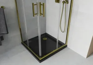 MEXEN/S - Rio sprchovací kút 70x70, transparent, zlato + vanička Flat, čierna 860-070-070-50-00-4070G