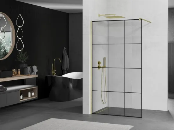 MEXEN/S - Kioto Sprchová zástena WALK-IN 100 x 200, čierny vzor 8 mm, zlatá kartáčovaná 800-100-101-55-77