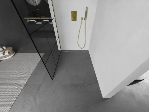 MEXEN/S - Kioto Sprchová zástena WALK-IN 100 x 200, čierny vzor 8 mm, zlatá kartáčovaná 800-100-101-55-77