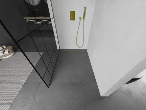 MEXEN/S - Kioto Sprchová zástena WALK-IN 80 x 200, čierny vzor 8 mm, zlatá kartáčovaná 800-080-101-55-78