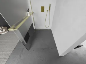 MEXEN/S - Kioto+ Sprchová zástena WALK-IN s poličkou a držiakom uterákov 80 x 200, transparent/dekor, zlatá kartáčovaná 800-080-121-55-35