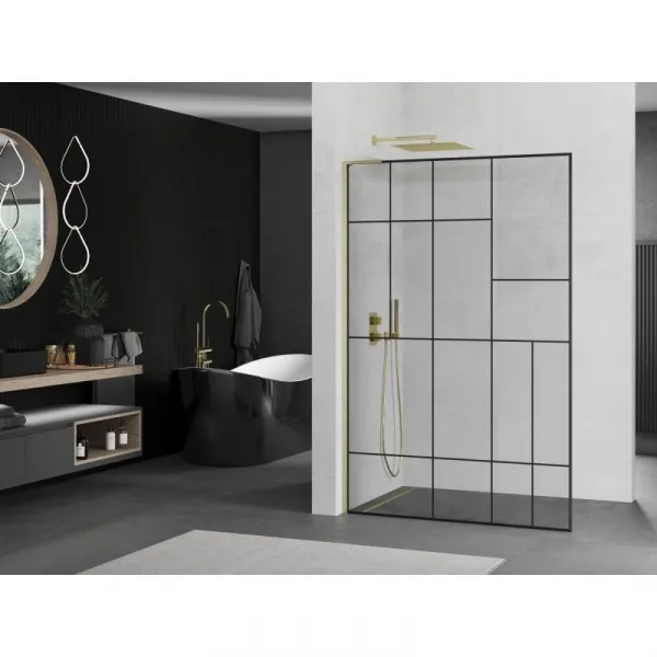MEXEN/S - Kioto L Sprchová zástena WALK-IN 80 x 200, čierny vzor, zlato kartáčovaná 800-080-103-55-78