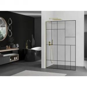 MEXEN/S - Kioto L Sprchová zástena WALK-IN 80 x 200, čierny vzor, zlato kartáčovaná 800-080-103-55-78