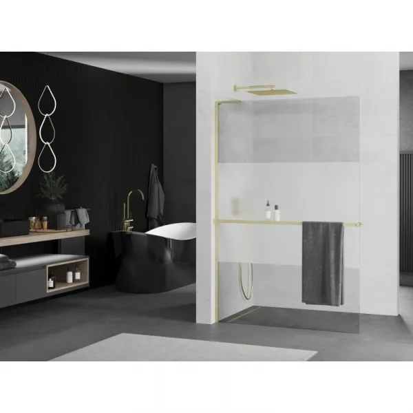 MEXEN/S - Kioto+ L Sprchová zástena WALK-IN s poličkou a držiakom uterákov 80 x 200, transparent/dekor, zlatá kartáčovaná 800-080-123-55-35