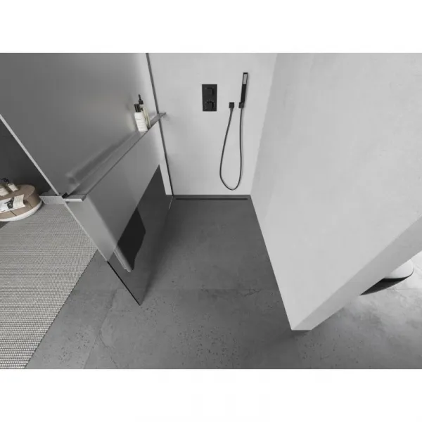 MEXEN/S - Kioto+ L Sprchová zástena WALK-IN s poličkou a držiakom uterákov 100 x 200, transparent/dekor, grafit kartáčovaná 800-100-123-66-35