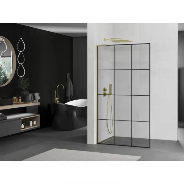 MEXEN/S - Kioto L Sprchová zástena WALK-IN 110 x 200, čierny vzor, zlato kartáčovaná 800-110-103-55-77