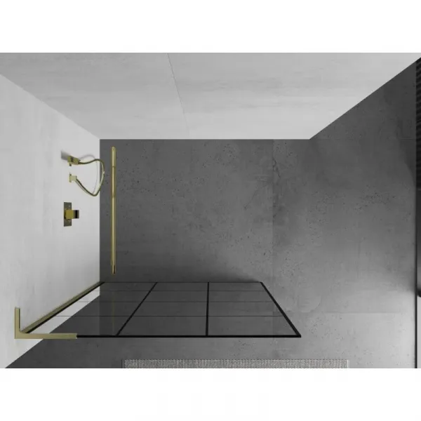 MEXEN/S - Kioto L Sprchová zástena WALK-IN 110 x 200, čierny vzor, zlato kartáčovaná 800-110-103-55-77