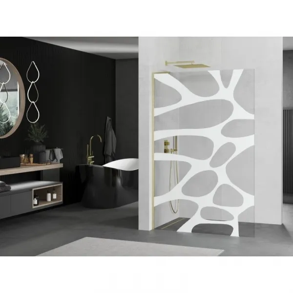 MEXEN/S - Kioto L Sprchová zástena WALK-IN 80 x 200, biely vzor, zlatá kartáčovaná 800-080-103-55-97