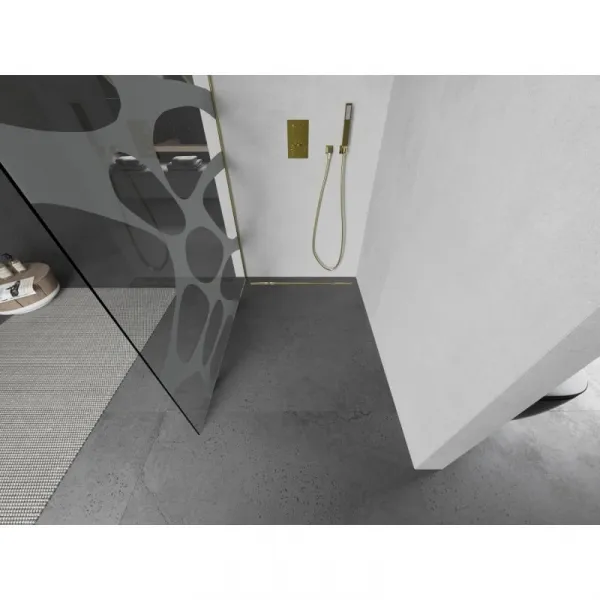 MEXEN/S - Kioto L Sprchová zástena WALK-IN 80 x 200, biely vzor, zlatá kartáčovaná 800-080-103-55-97