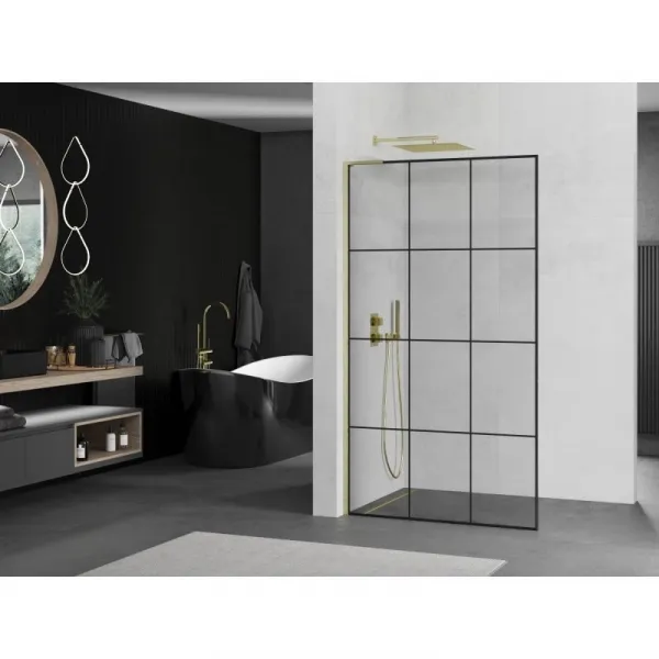 MEXEN/S - Kioto L Sprchová zástena WALK-IN 100 x 200, čierny vzor, zlato kartáčovaná 800-100-103-55-77