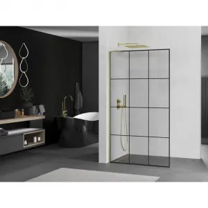 MEXEN/S - Kioto L Sprchová zástena WALK-IN 100 x 200, čierny vzor, zlato kartáčovaná 800-100-103-55-77