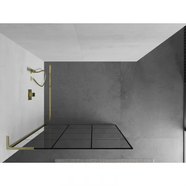 MEXEN/S - Kioto L Sprchová zástena WALK-IN 100 x 200, čierny vzor, zlato kartáčovaná 800-100-103-55-77
