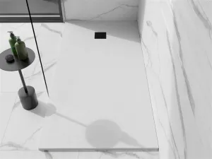 MEXEN/S - Stone+ obdĺžniková sprchová vanička 160 x 100, biela, mriežka čierna 44101016-B