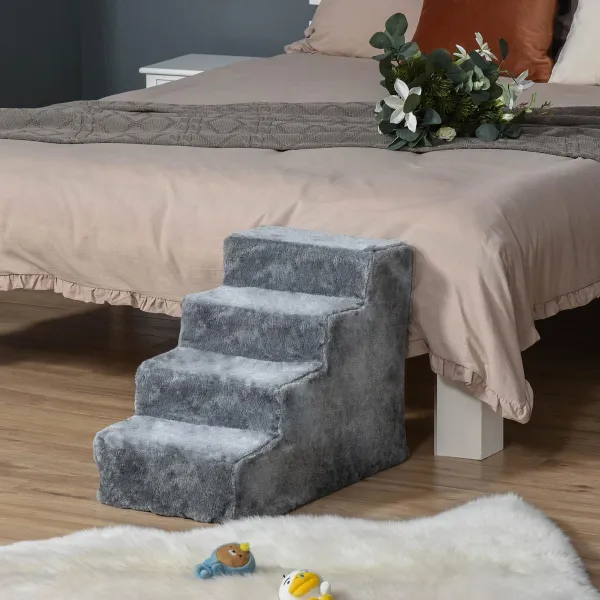PawHut Schůdky pro psy s plyšovým potahem, čtyřstupňové, šedé