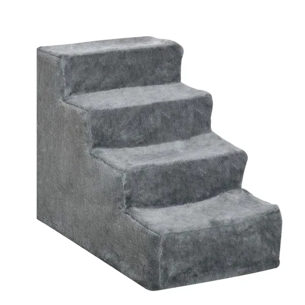 PawHut Schůdky pro psy s plyšovým potahem, čtyřstupňové, šedé