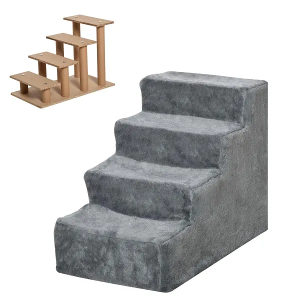 PawHut Schůdky pro psy s plyšovým potahem, čtyřstupňové, šedé