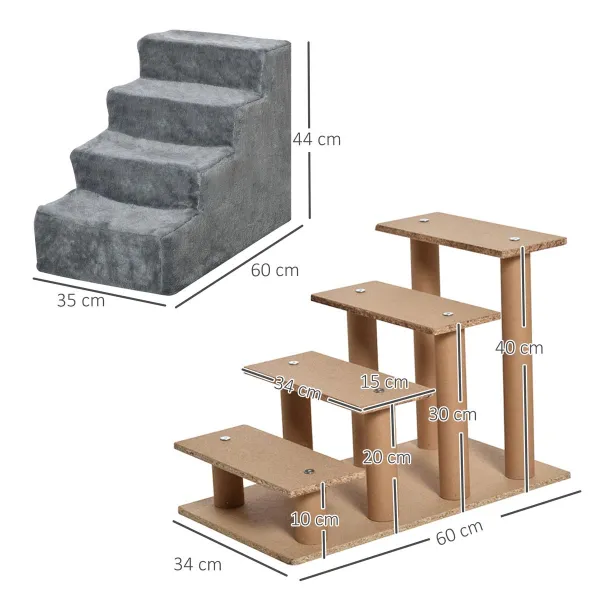 PawHut Schůdky pro psy s plyšovým potahem, čtyřstupňové, šedé