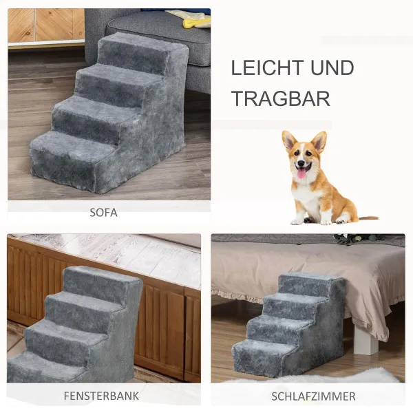 PawHut Schůdky pro psy s plyšovým potahem, čtyřstupňové, šedé