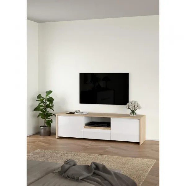 TV stolík, dub hickory/biela extra vysoký lesk, NEXT 50315