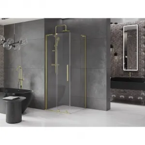 MEXEN/S - Velar L sprchovací kút, posuvné dvere 100 x 100, transparent, zlato kartáčovaná 871-100-100-03-55