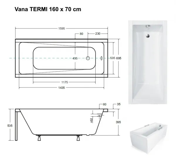 BESCO - Obdĺžniková vaňa TERME - Rozmer vane - 160 × 70 cm OLVTER16 + OLVPINOZ