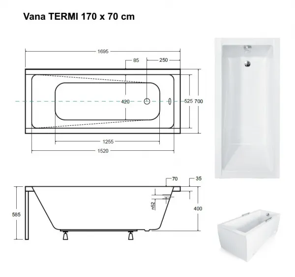 BESCO - Obdĺžniková vaňa TERME - Rozmer vane - 170 × 70 cm OLVTER17 + OLVPINOZ