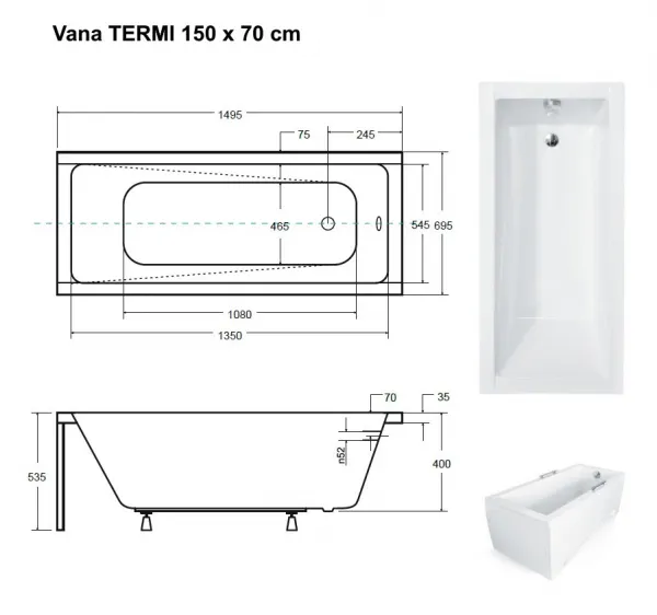 BESCO - Obdĺžniková vaňa TERME - Rozmer vane - 150 × 70 cm OLVTER15 + OLVPINOZ