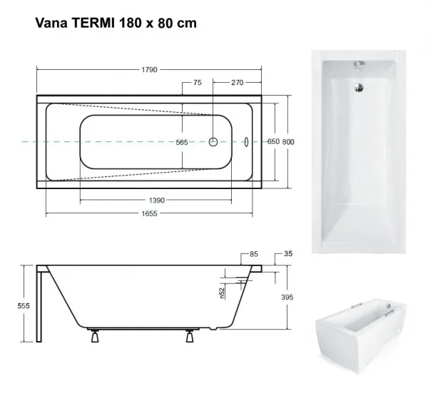 BESCO - Obdĺžniková vaňa TERMI - Nožičky k vani - Bez nožičiek, Rozmer vane - 180 × 80 cm OLVTER18